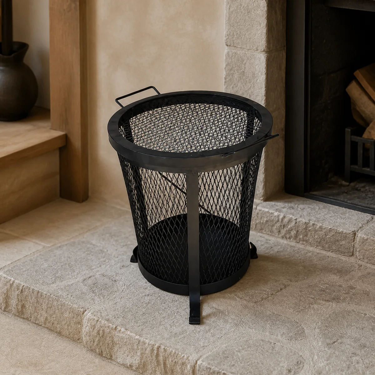 Foundry Mesh Utility Basket staged in a curated room setting one.