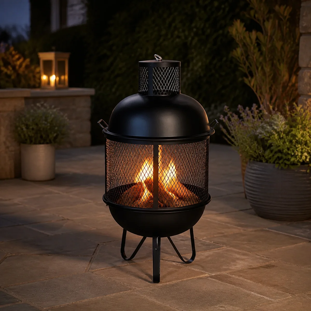 Foundry Chiminea Fire Basket staged in a curated room setting one.