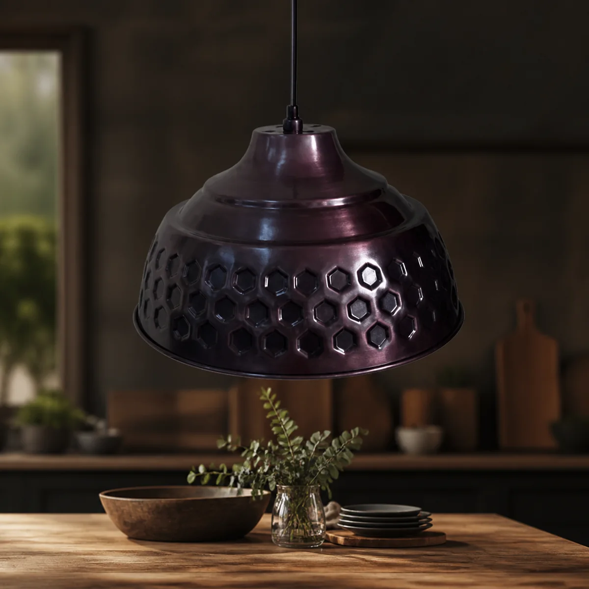 Hammered Midnight Dome Pendant staged in a curated room setting one.