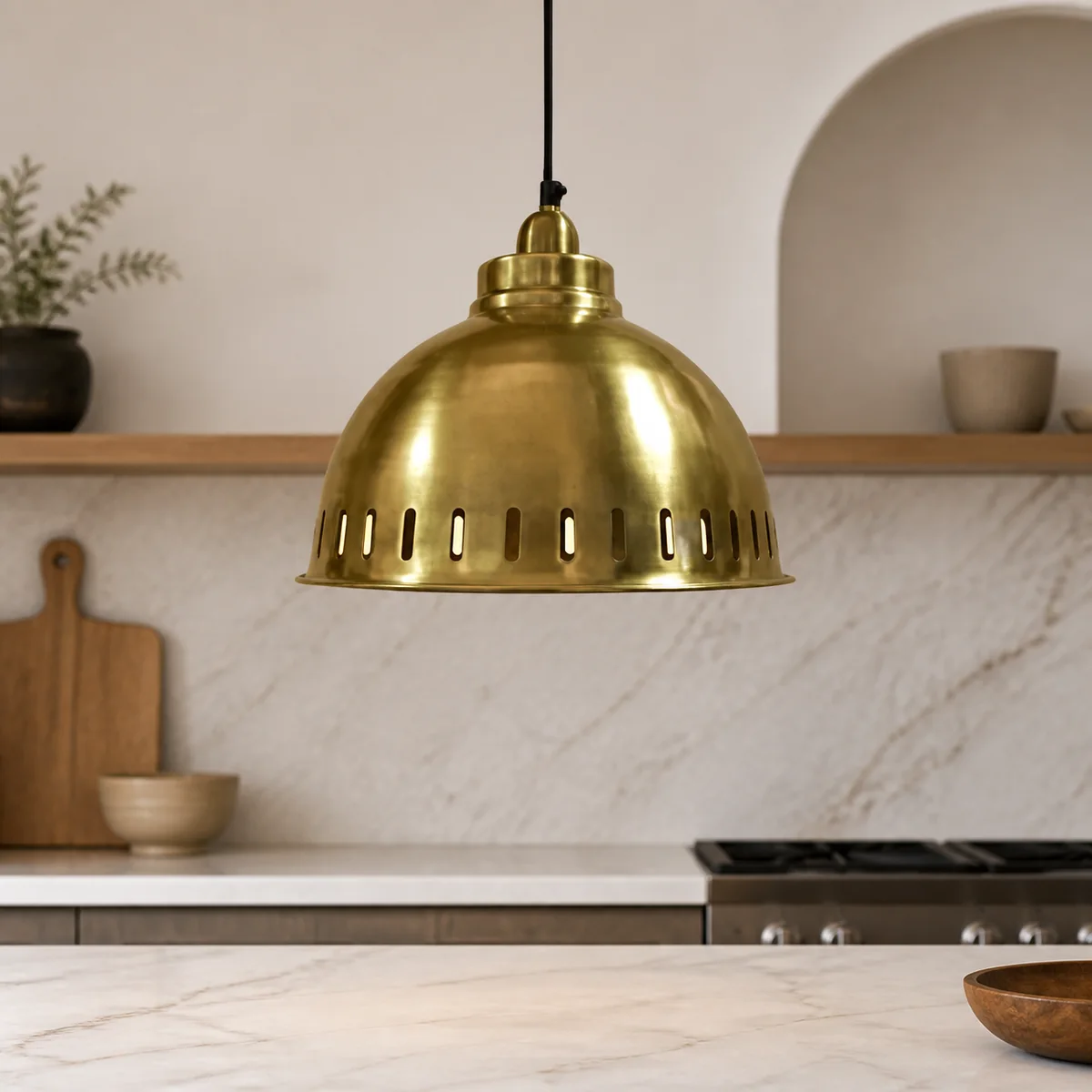 Polished Brass Factory Pendant staged in a curated room setting one.