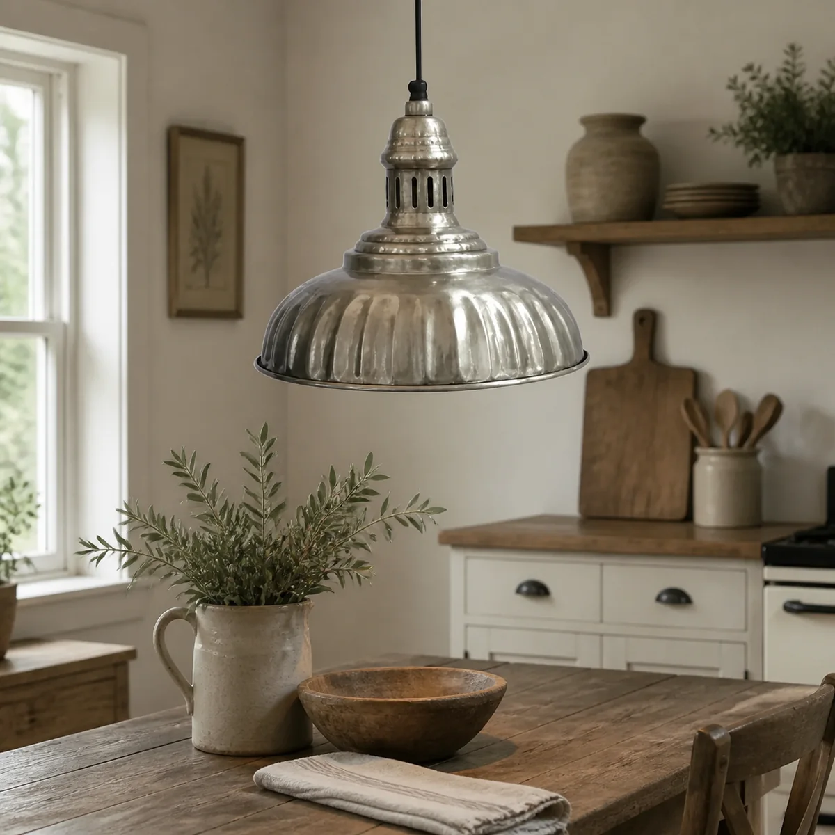 Ribbed Nickel Factory Pendant staged in a curated room setting one.