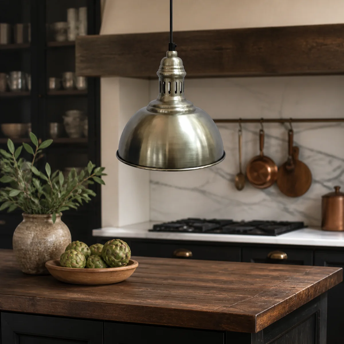 Smooth Nickel Dome Pendant staged in a curated room setting one.