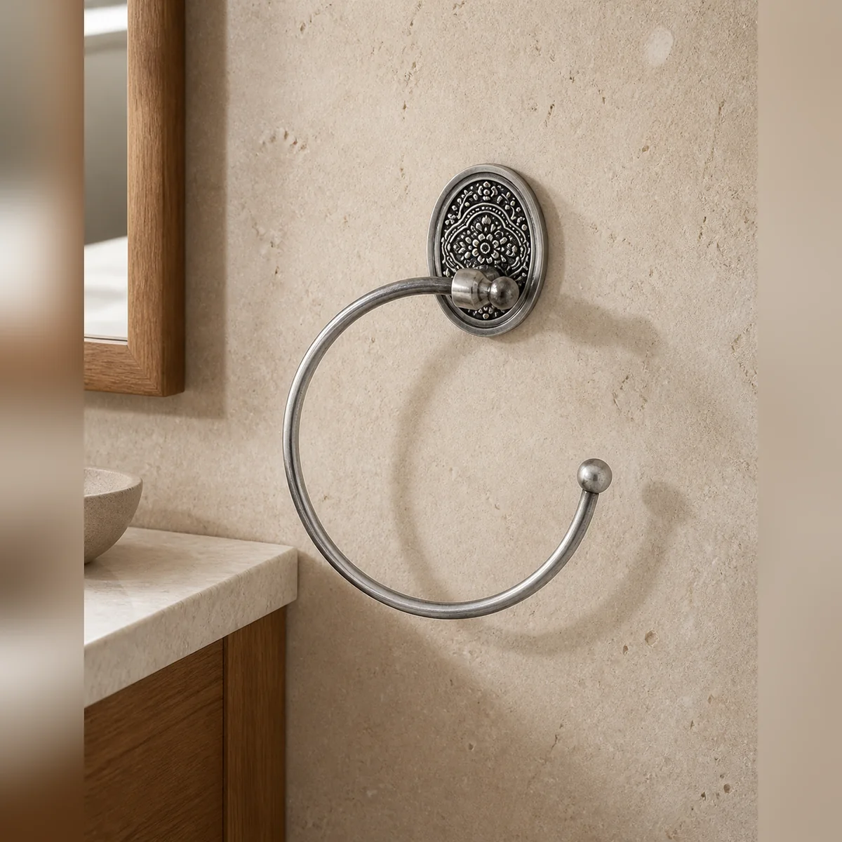 Mandala Open Towel Ring staged in a curated room setting one.