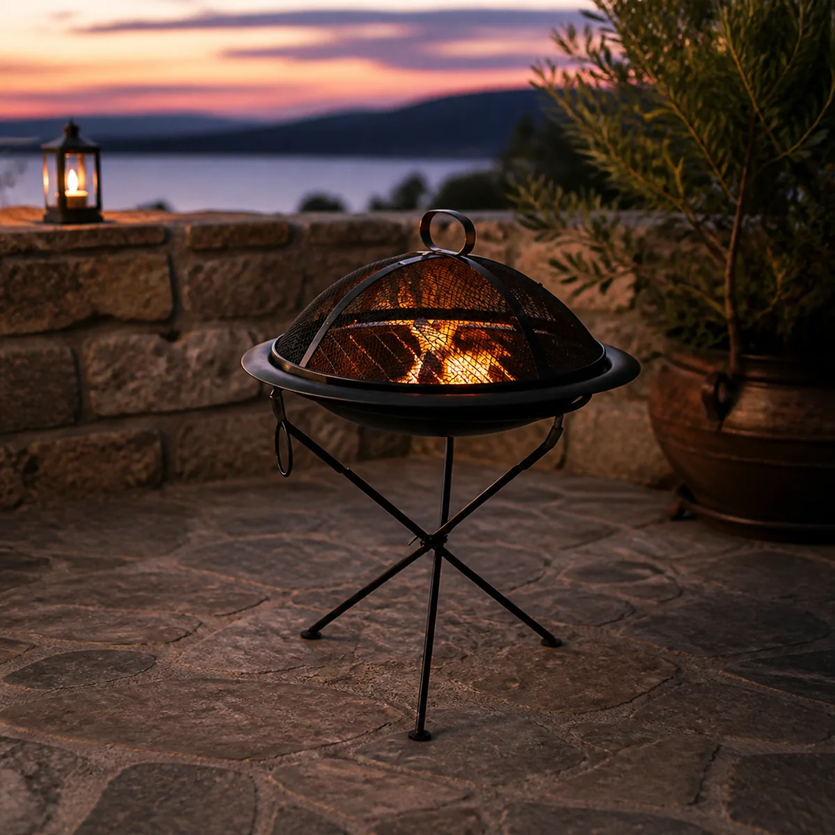 Tripod Covered Fire Bowl staged in a curated room setting one.