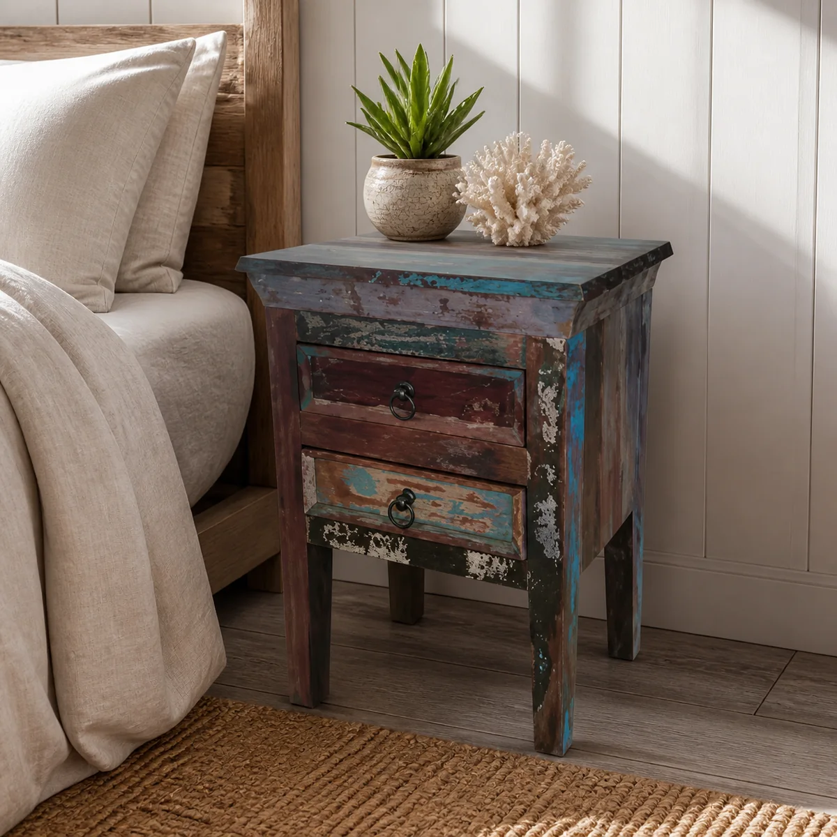 Swakop Colourwash Bedside Chest staged in a curated room setting one.