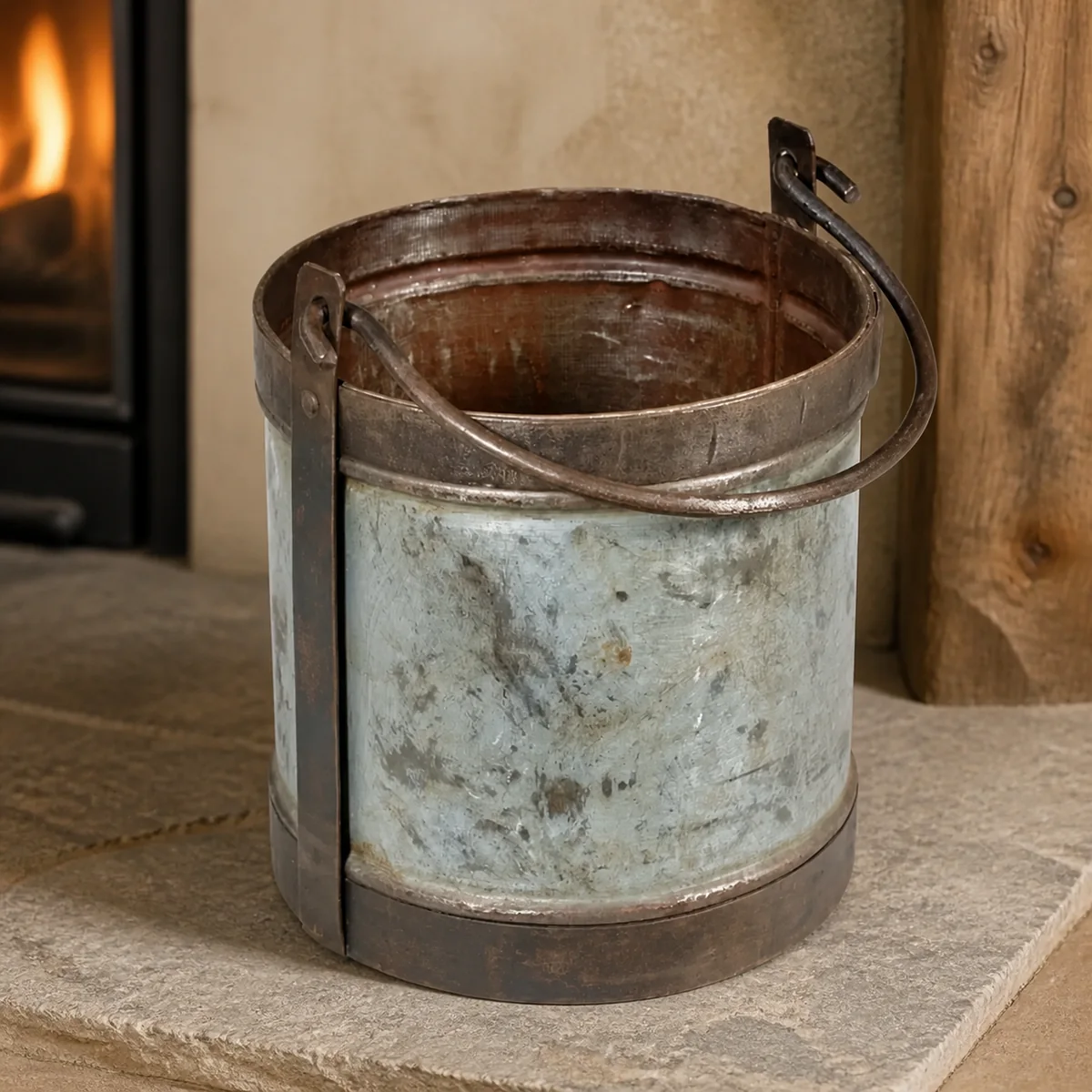 Farmhouse Galvanised Bucket staged in a curated room setting one.