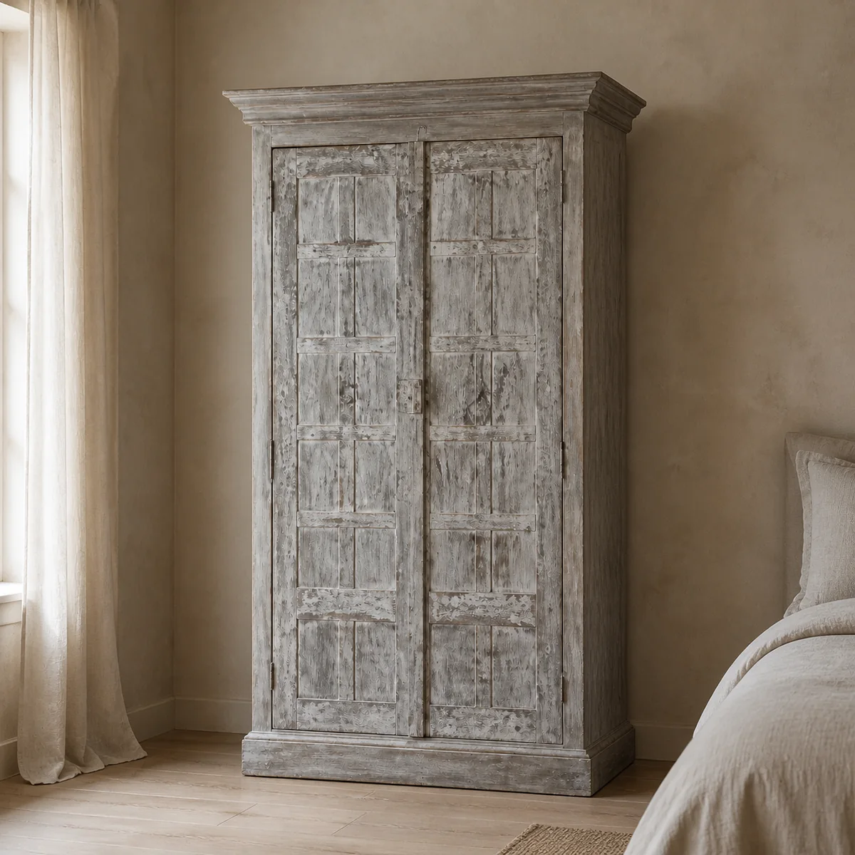 Oshikoto Carved Wardrobe staged in a curated room setting one.