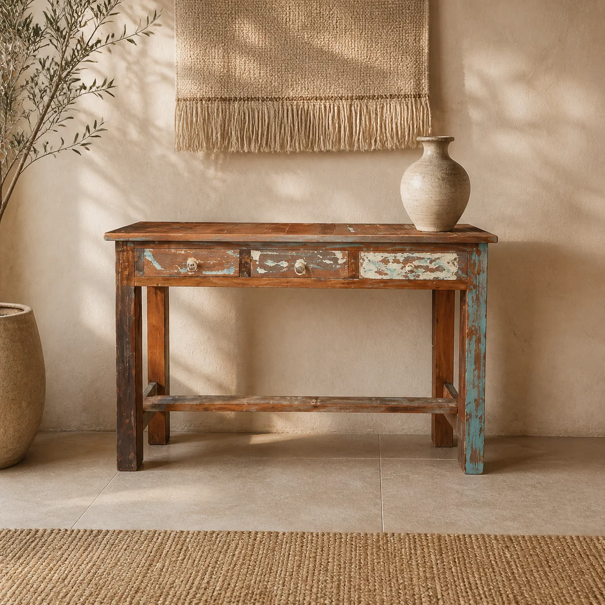 Mopane Carved Console Table staged in a curated room setting one.