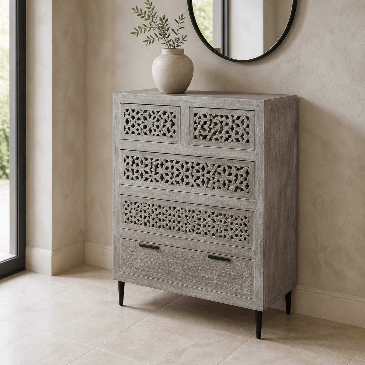 Oshana Carved Six-Drawer Chest staged in a curated room setting one.