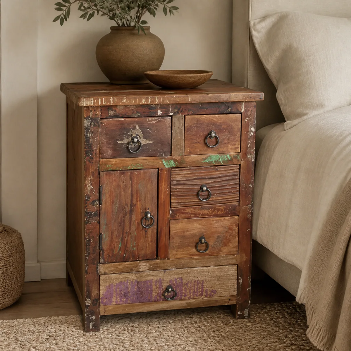 Damaraland Tall Bedside Cabinet staged in a curated room setting one.