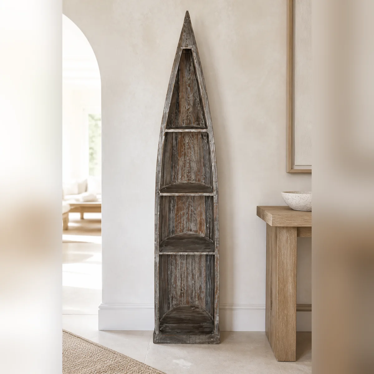 Swakop Weathered Boat Shelf staged in a curated room setting one.