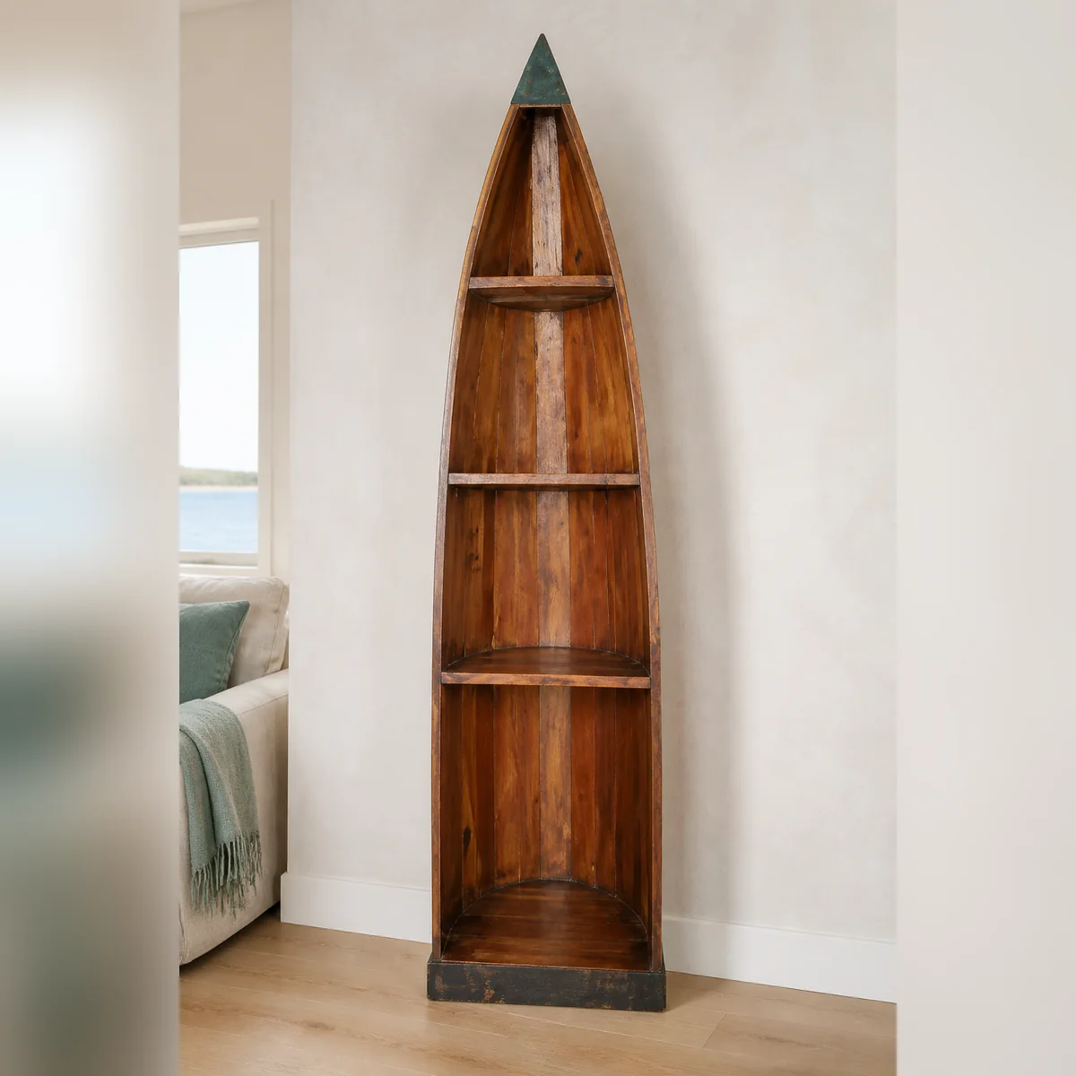 Walvis Warmwood Boat Shelf staged in a curated room setting one.