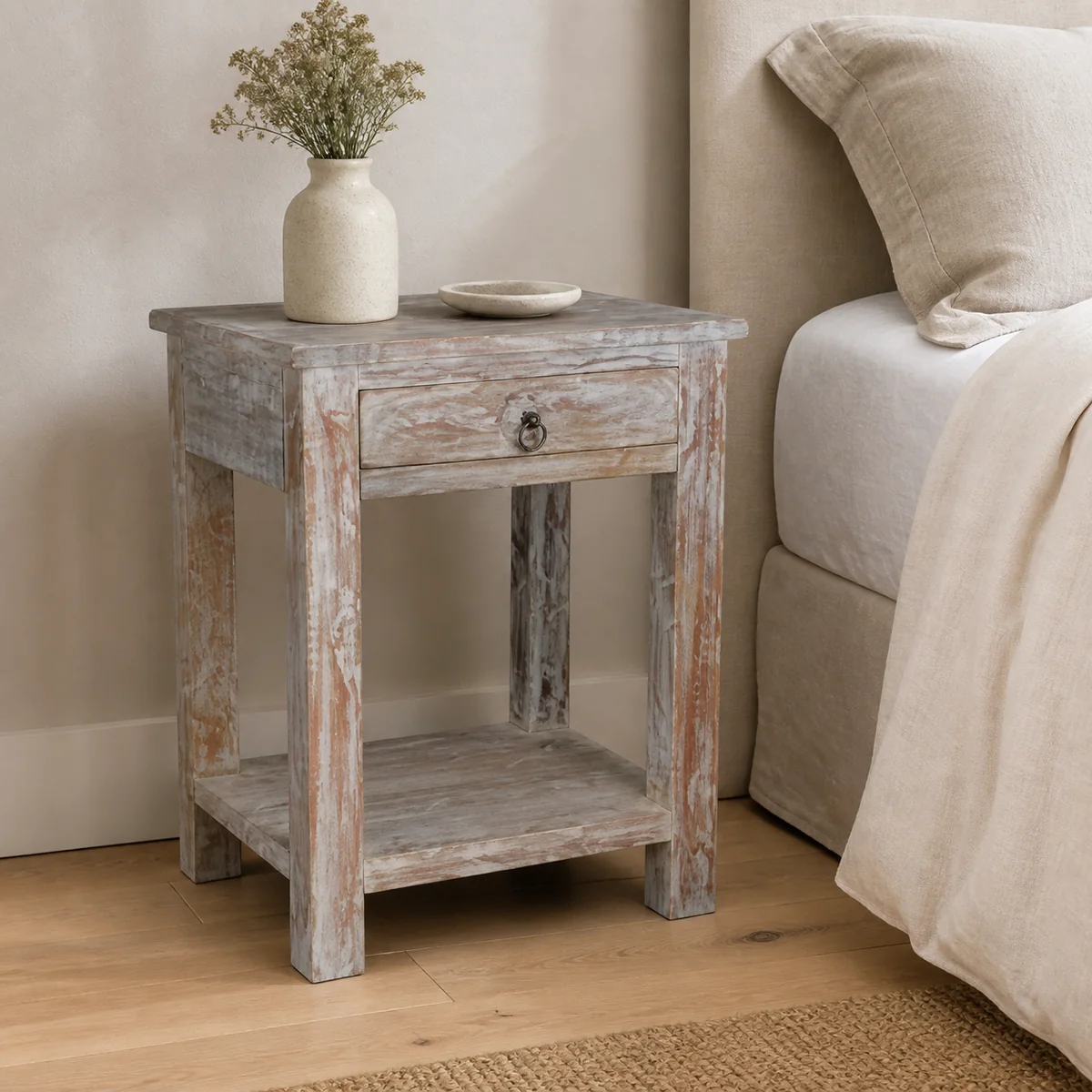 Saltpan Open-Shelf Bedside staged in a curated room setting one.