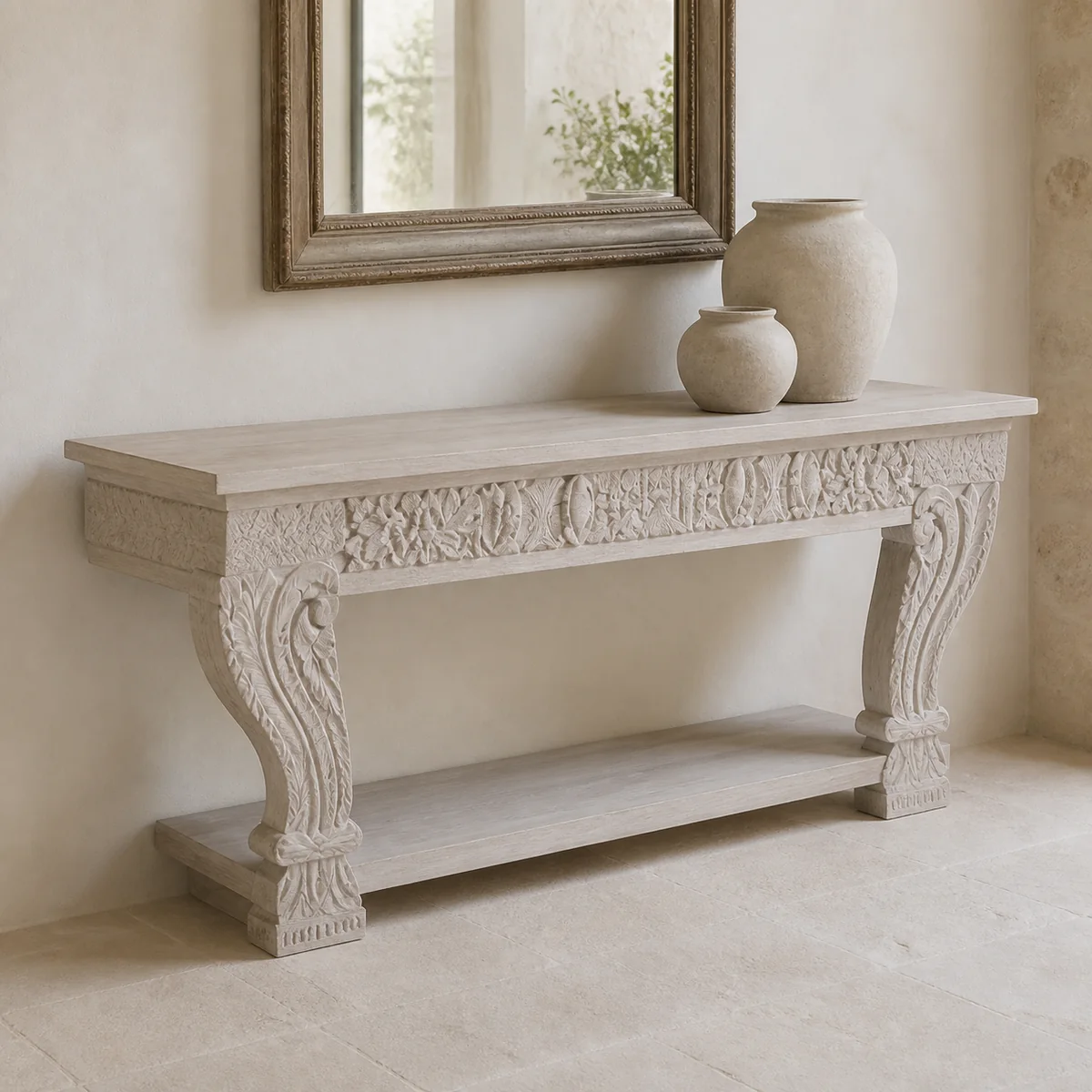 Etosha Carved Console Table staged in a curated room setting one.