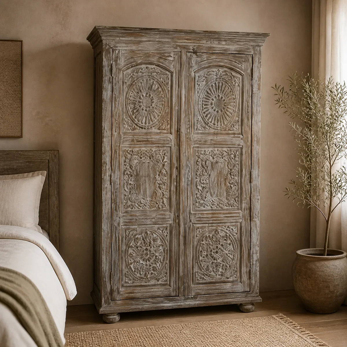 Erongo Arched-Panel Armoire staged in a curated room setting one.