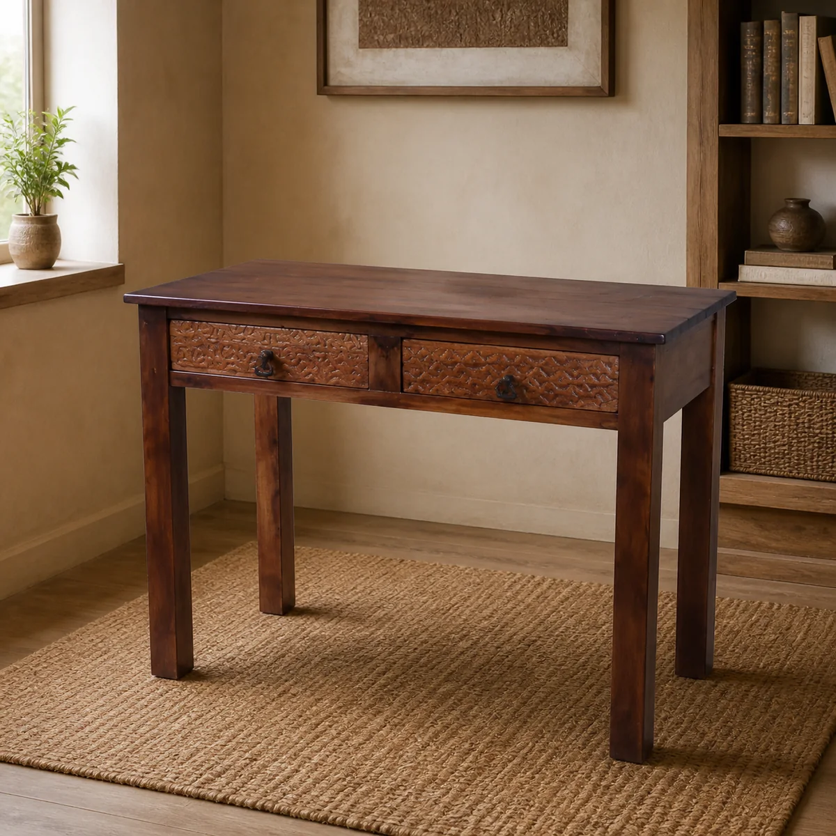 Omaheke Two-Drawer Writing Desk staged in a curated room setting one.