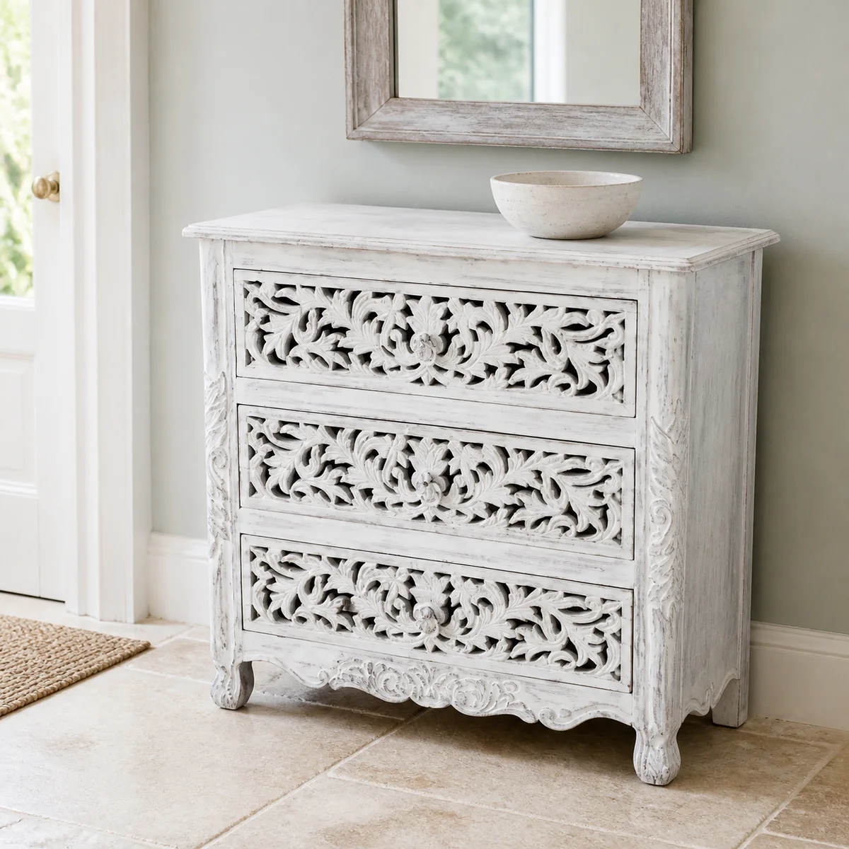 Ombili Floral Three-Drawer Chest staged in a curated room setting one.