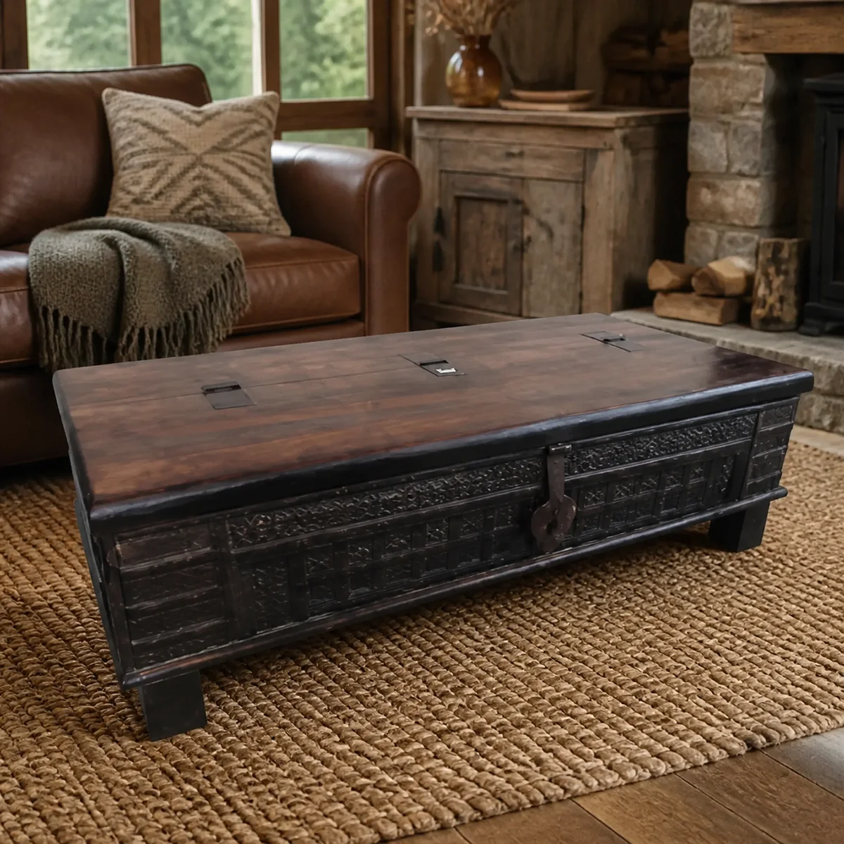 Kaoko Carved Trunk Coffee Table staged in a curated room setting one.