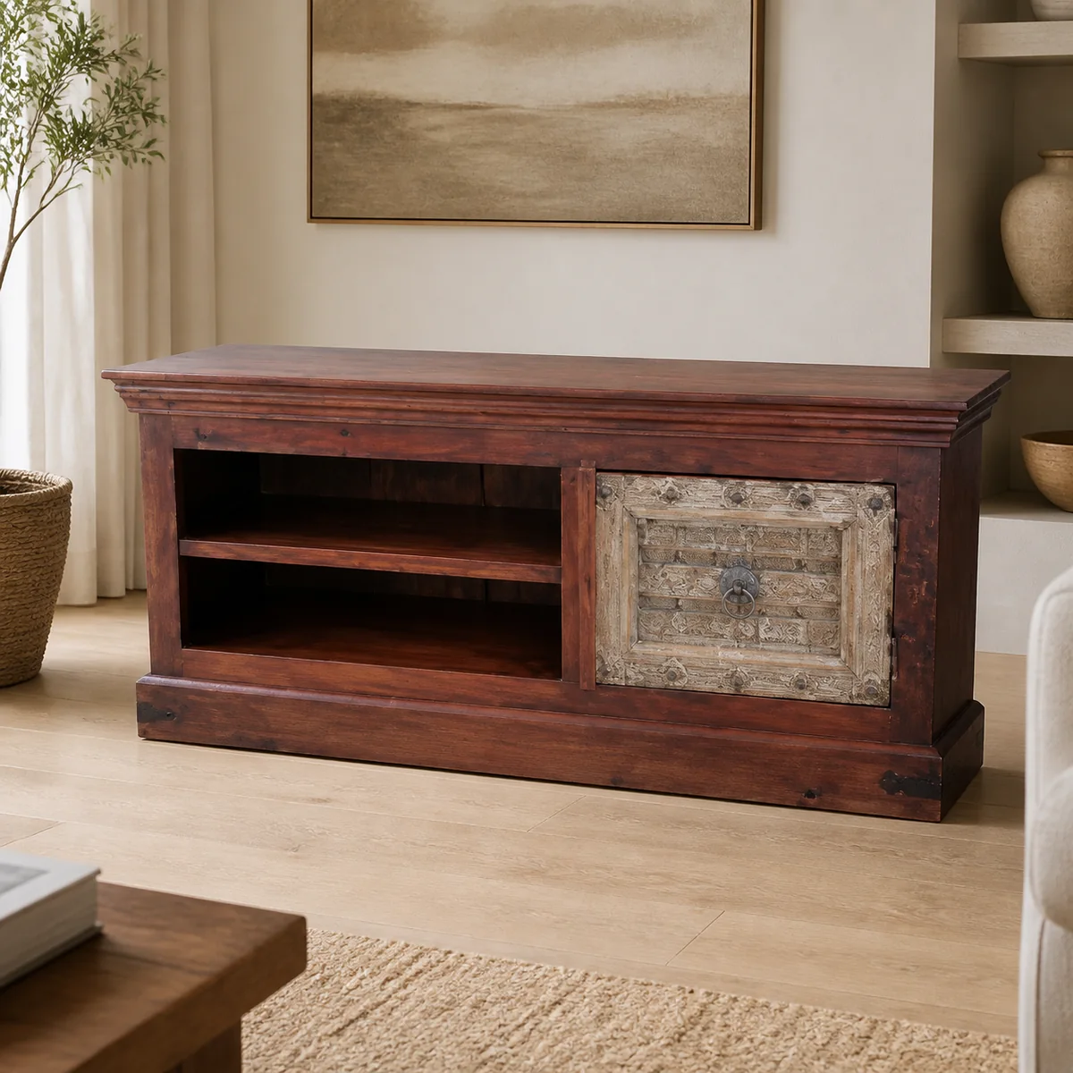 Karas Asymmetric TV Stand staged in a curated room setting one.