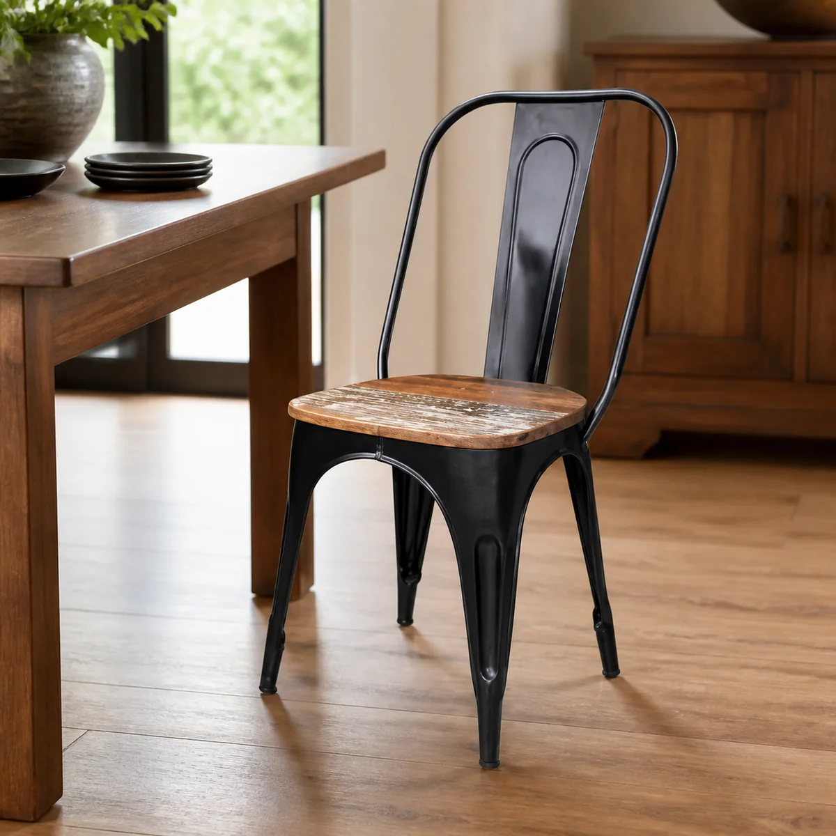 Foundry Timber-Seat Dining Chair staged in a curated room setting one.