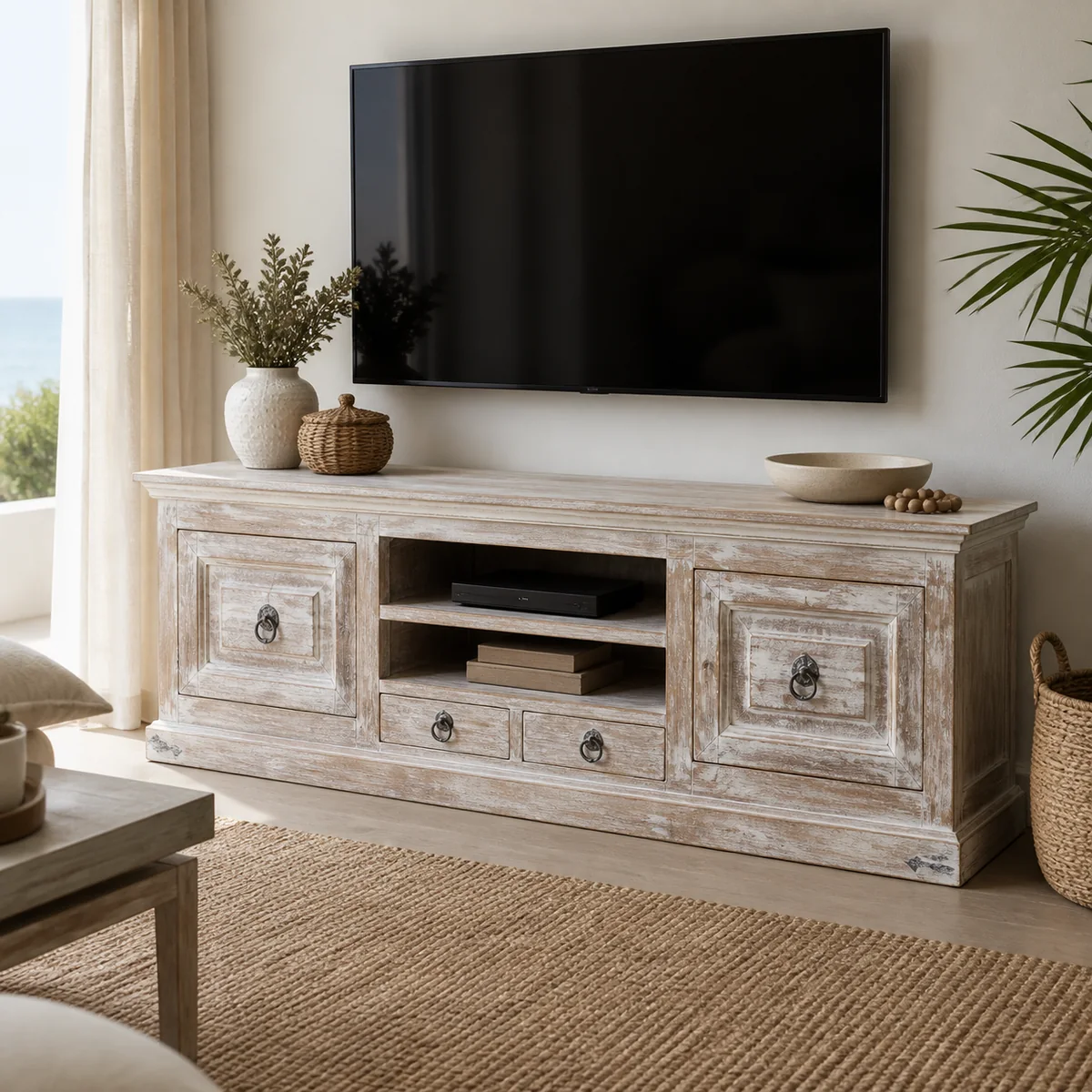 Saltpan Two-Drawer TV Stand staged in a curated room setting one.