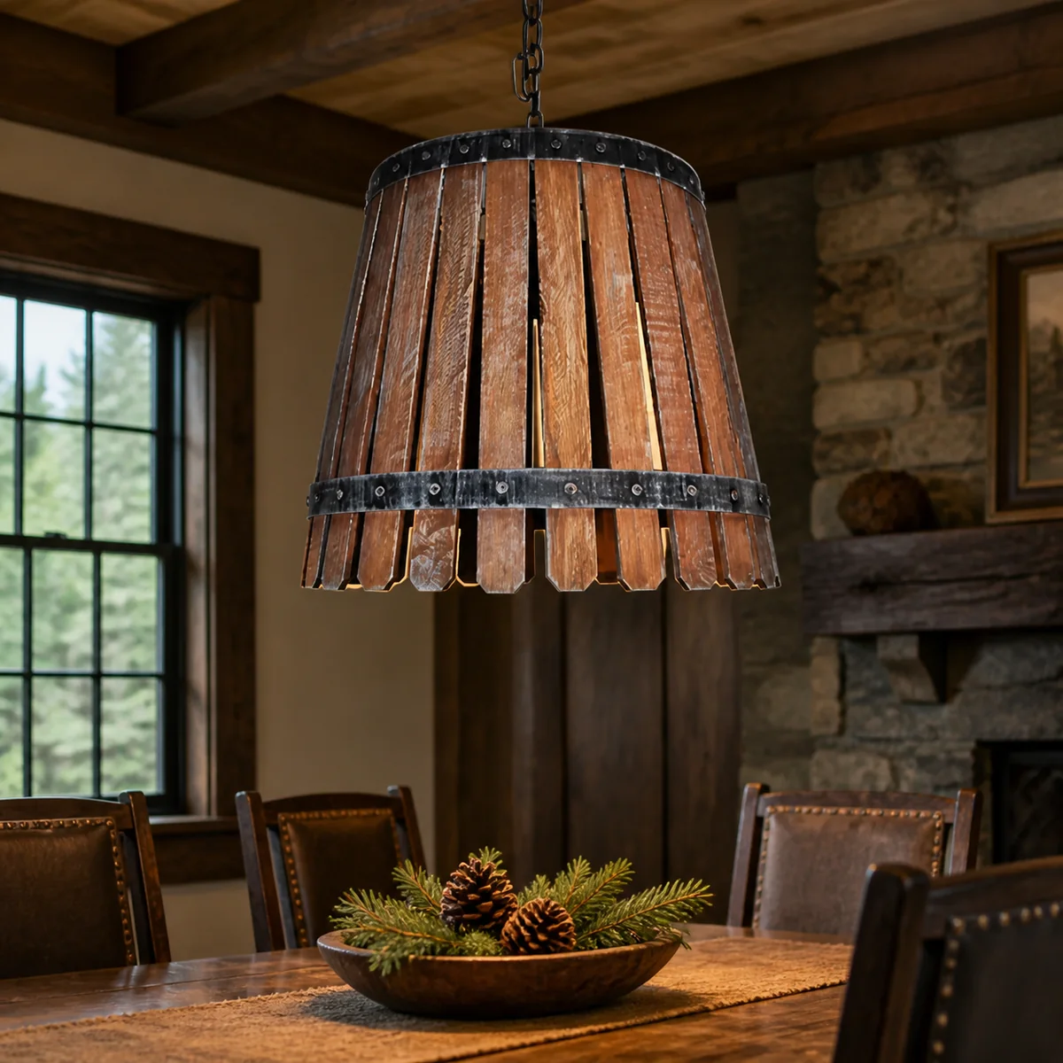 Barrel-Slat Timber Pendant staged in a curated room setting one.