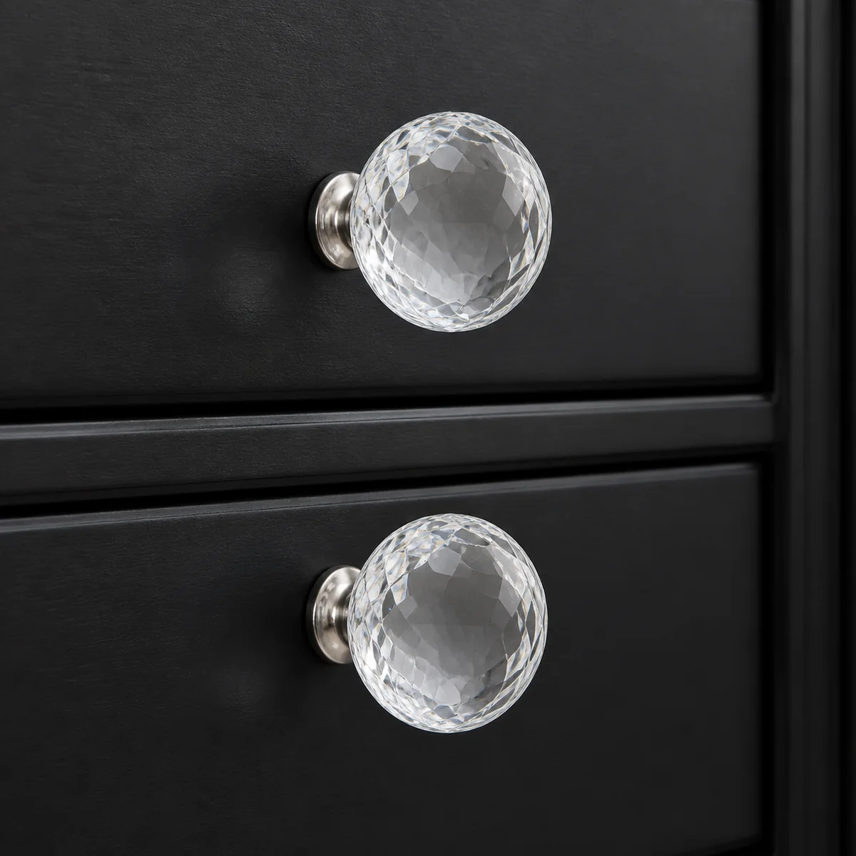 Clear Crystal Cabinet Knob Pair staged in a curated room setting one.
