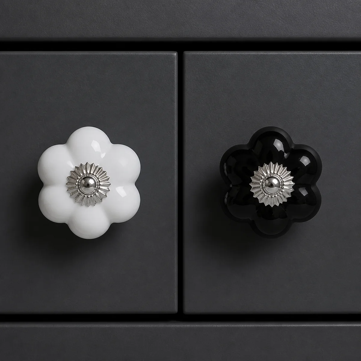 Monochrome Flower Cabinet Knob Set staged in a curated room setting one.