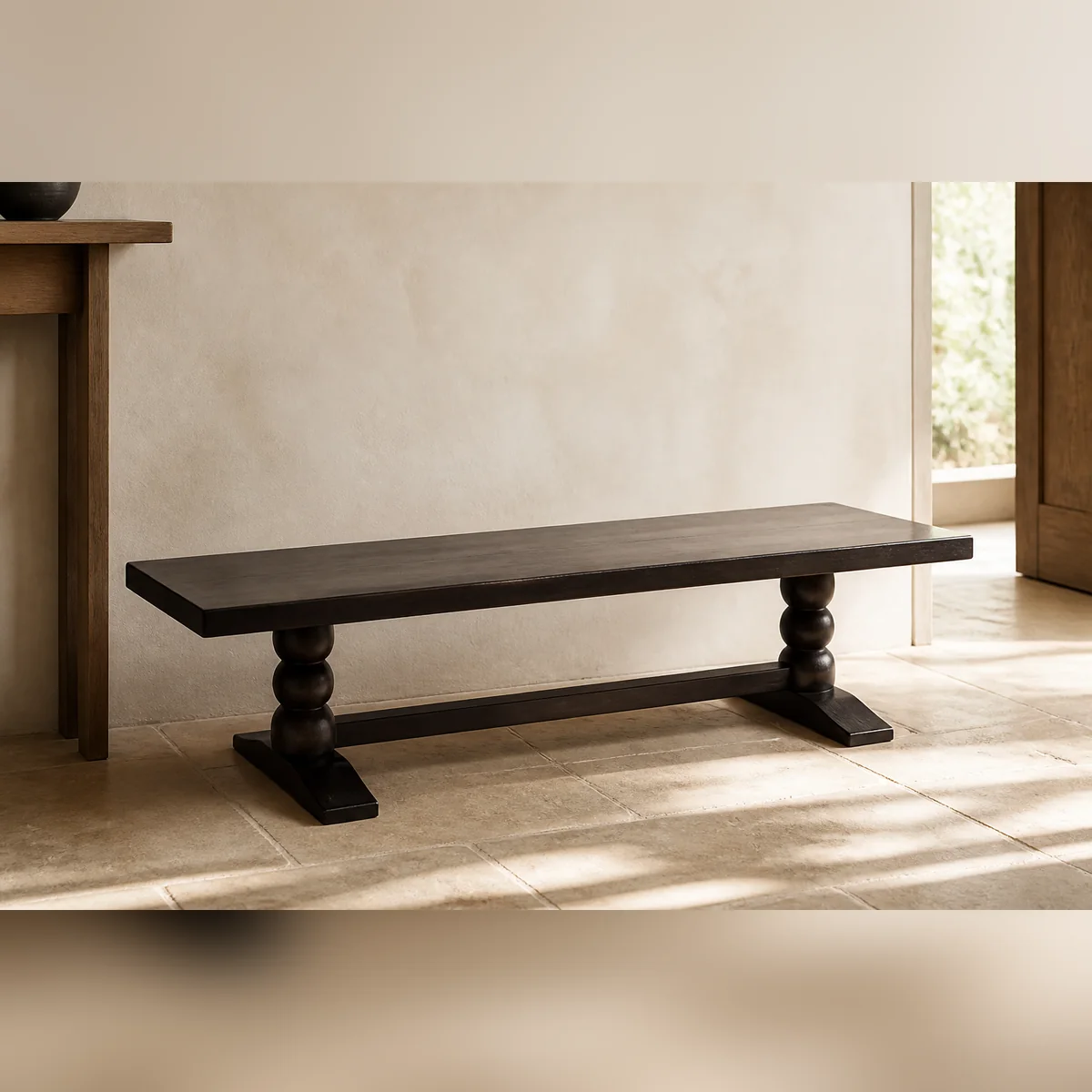 Otavi Low Timber Bench staged in a curated room setting one.