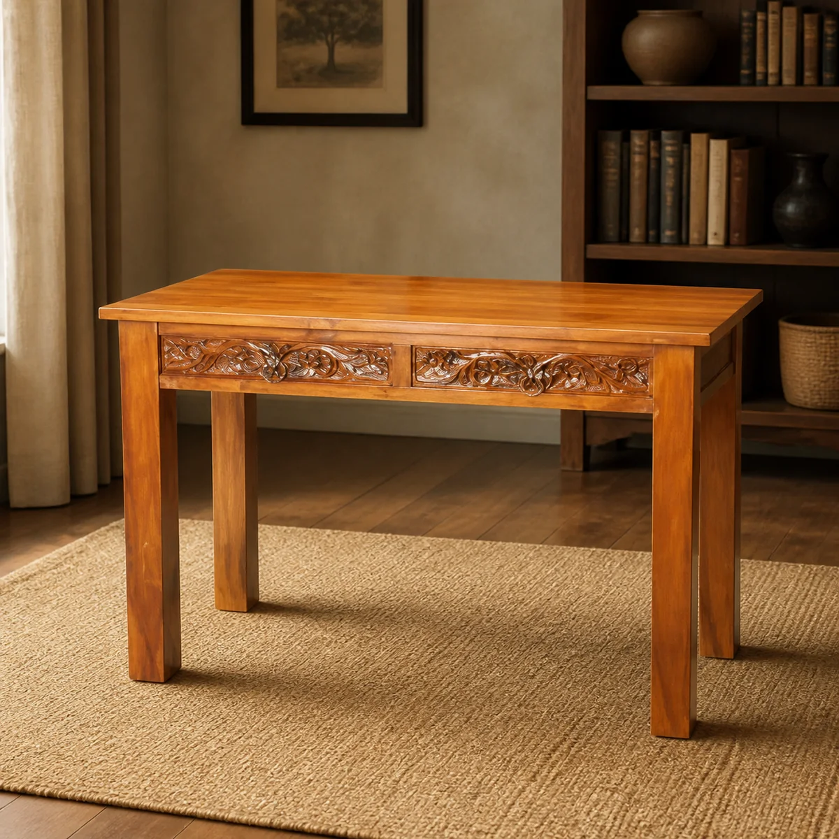 Mopane Carved-Apron Writing Desk staged in a curated room setting one.