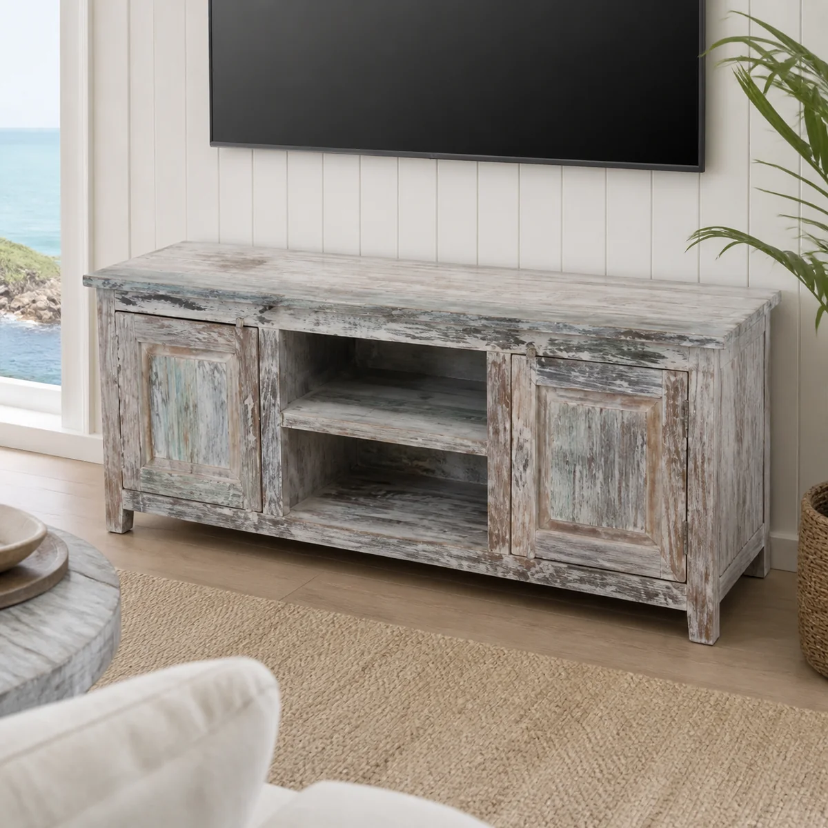 Saltpan Twin-Cupboard TV Stand staged in a curated room setting one.