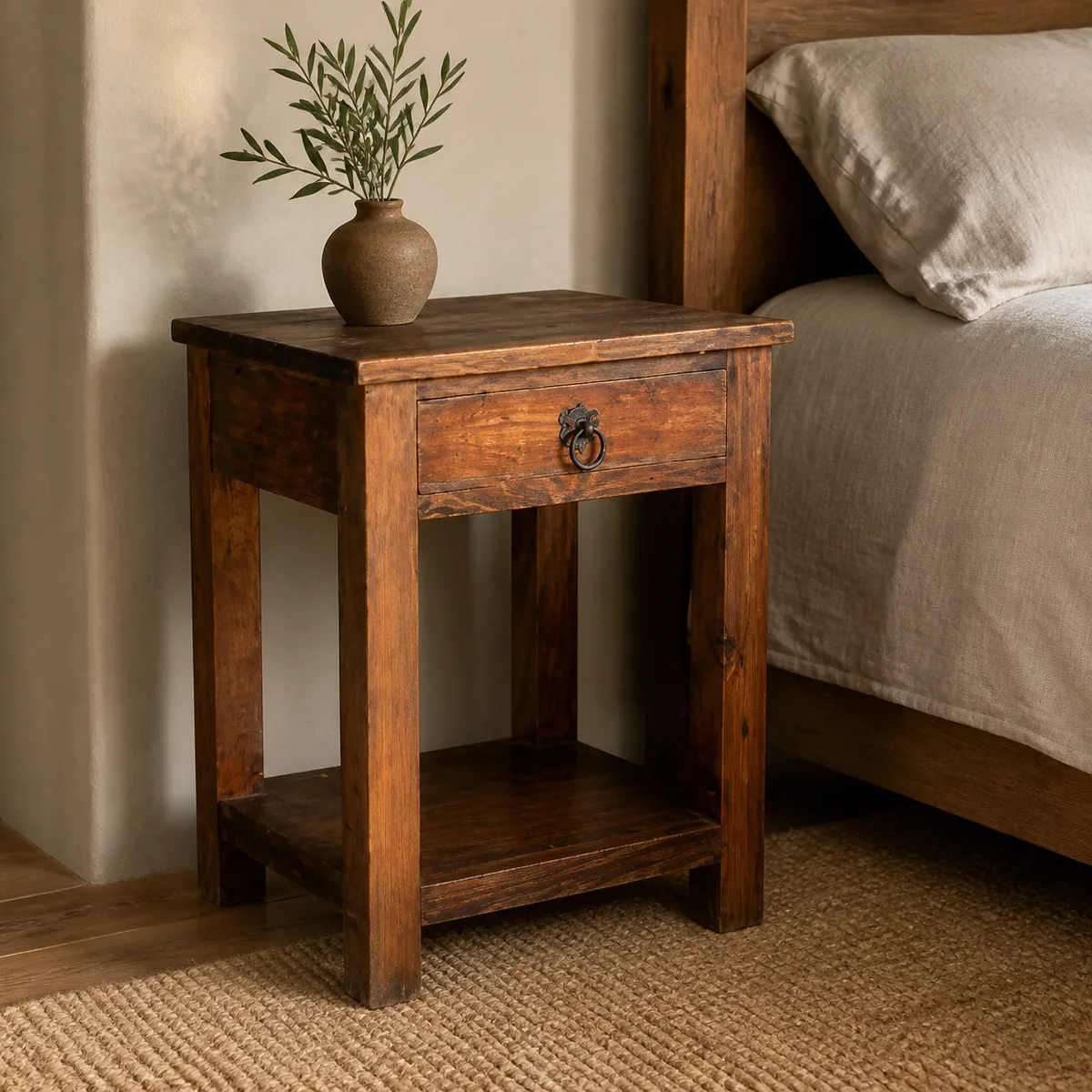 Mopane Ring-Pull Bedside staged in a curated room setting one.