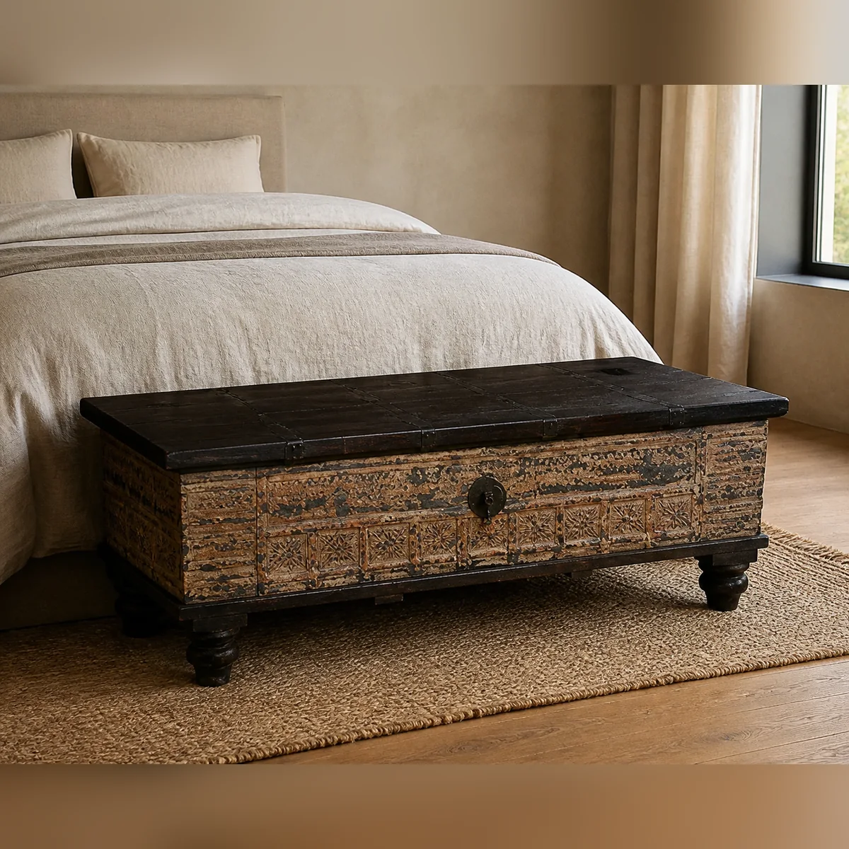 Ongava Carved Blanket Chest staged in a curated room setting one.