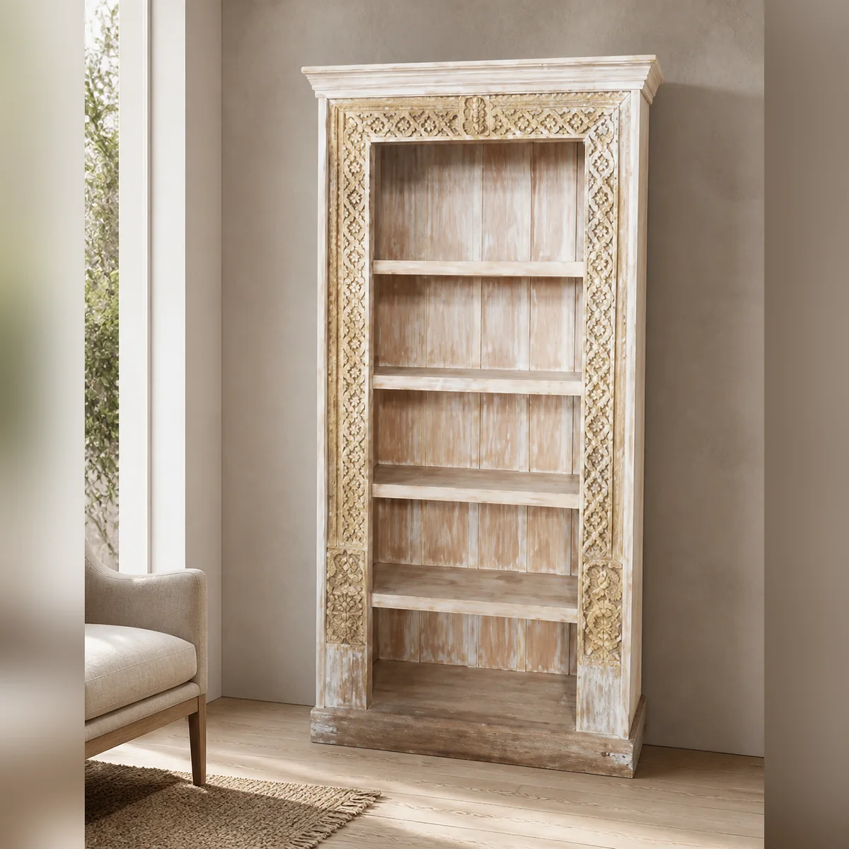 Oshana Carved Open Bookcase staged in a curated room setting one.