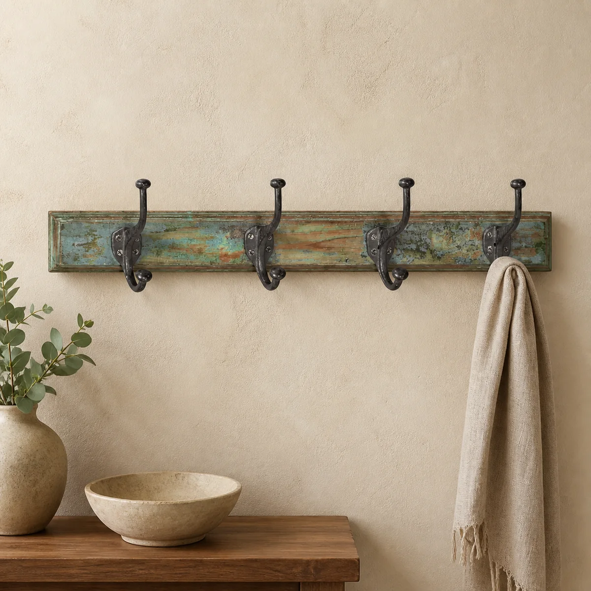 Reclaimed Timber Double-Hook Rail staged in a curated room setting one.