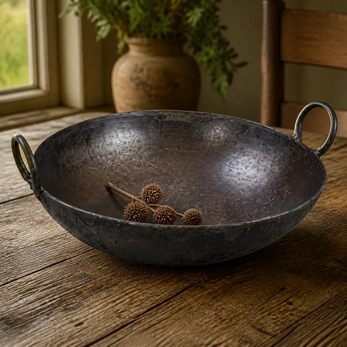 Karoo Double-Handle Iron Bowl staged in a curated room setting one.