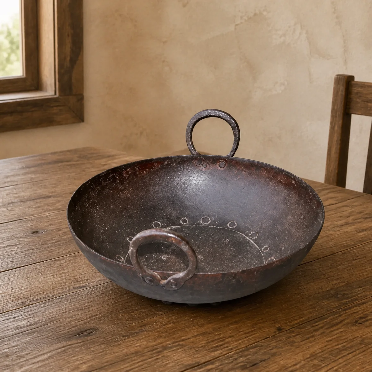 Karoo Handled Metal Bowl staged in a curated room setting one.