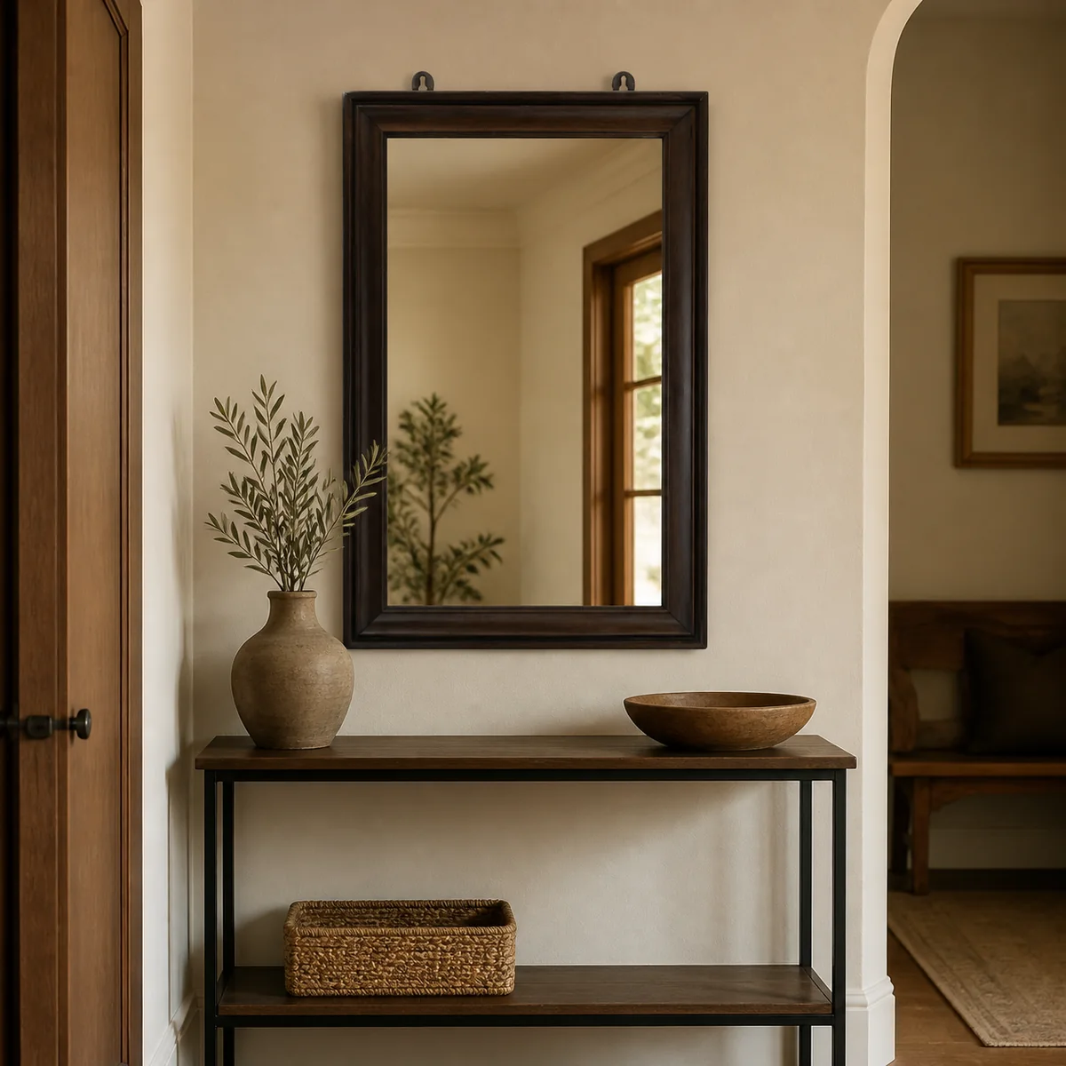 Otavi Dark Timber Mirror staged in a curated room setting one.