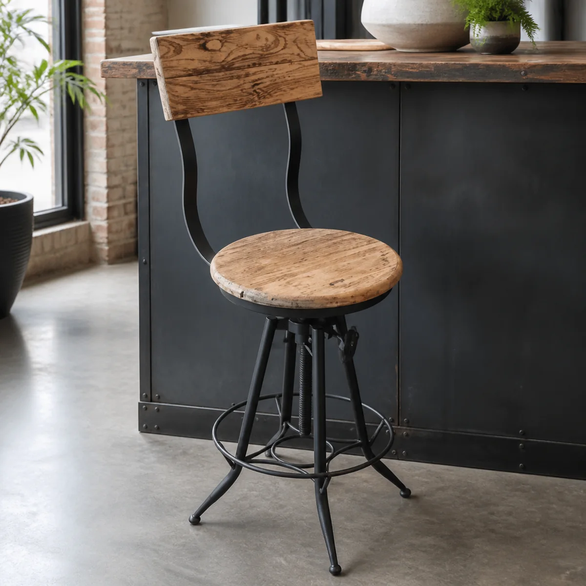 Workshop Crank-Base Bar Chair staged in a curated room setting one.