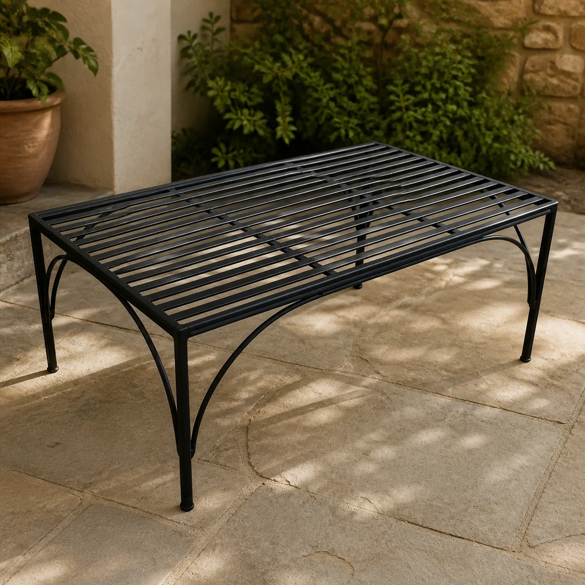 Foundry Slatted Garden Table staged in a curated room setting one.