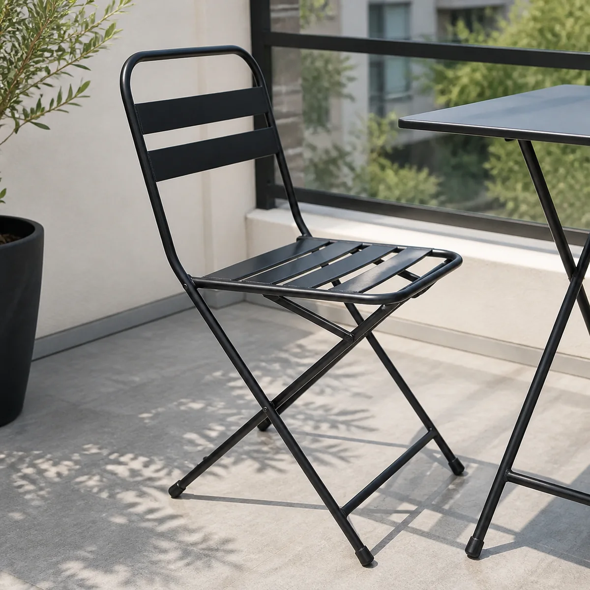 Black Folding Patio Chair staged in a curated room setting one.