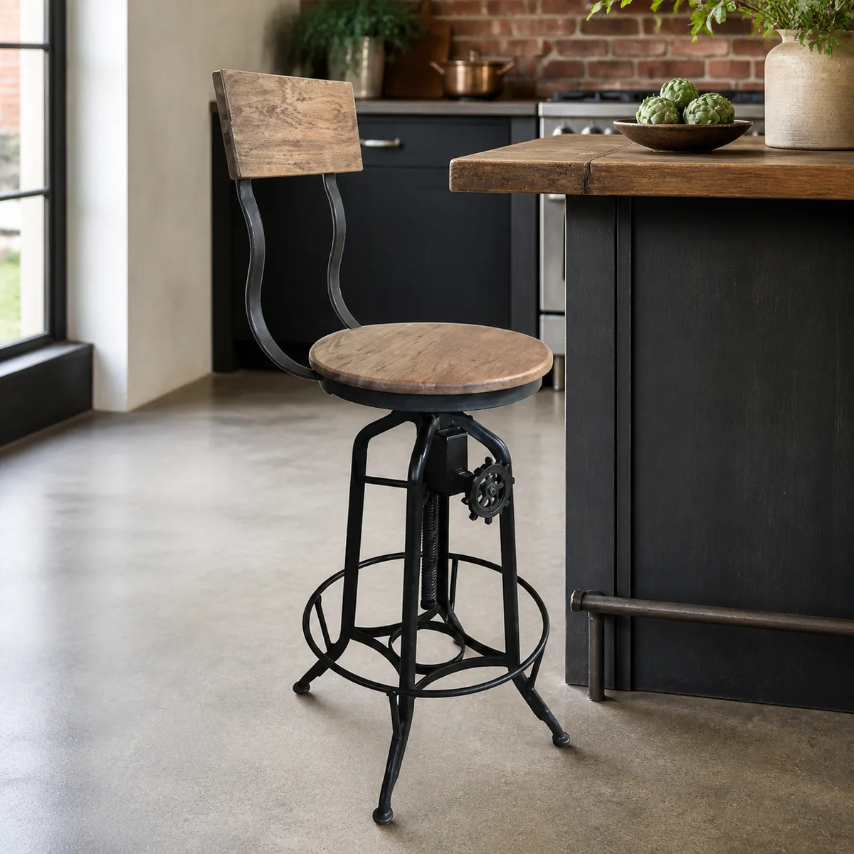 Foundry Swivel Bar Chair staged in a curated room setting one.