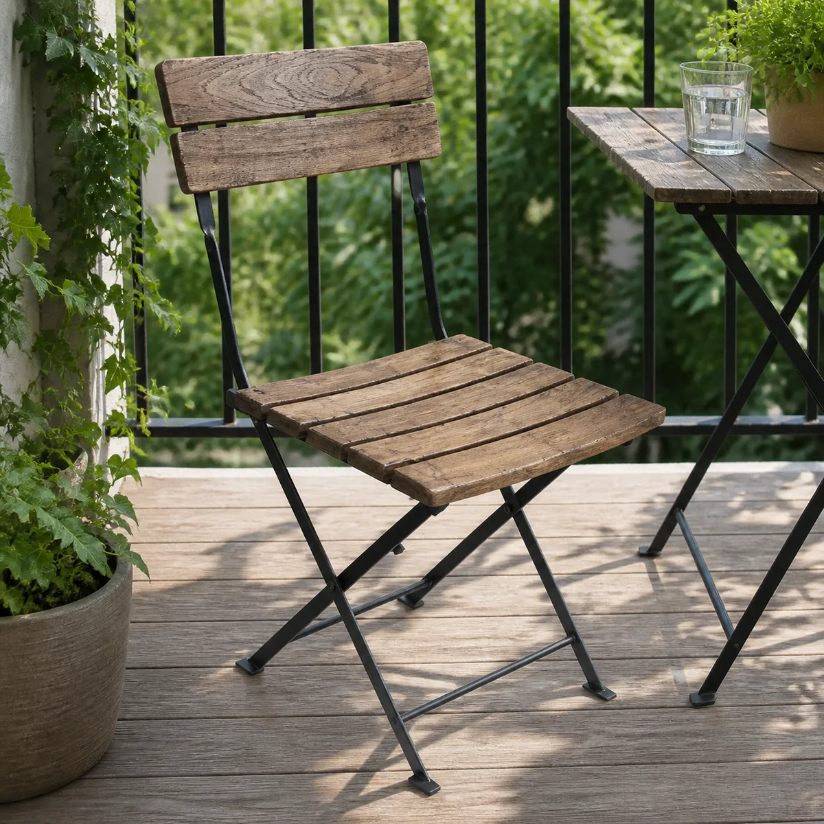 Timber-Slat Folding Garden Chair staged in a curated room setting one.