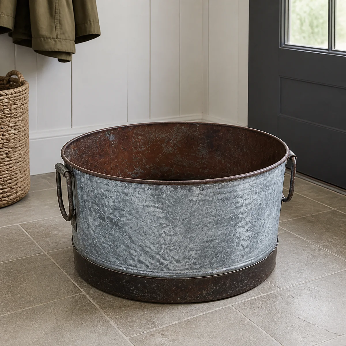 Farmhouse Galvanised Storage Tub staged in a curated room setting one.