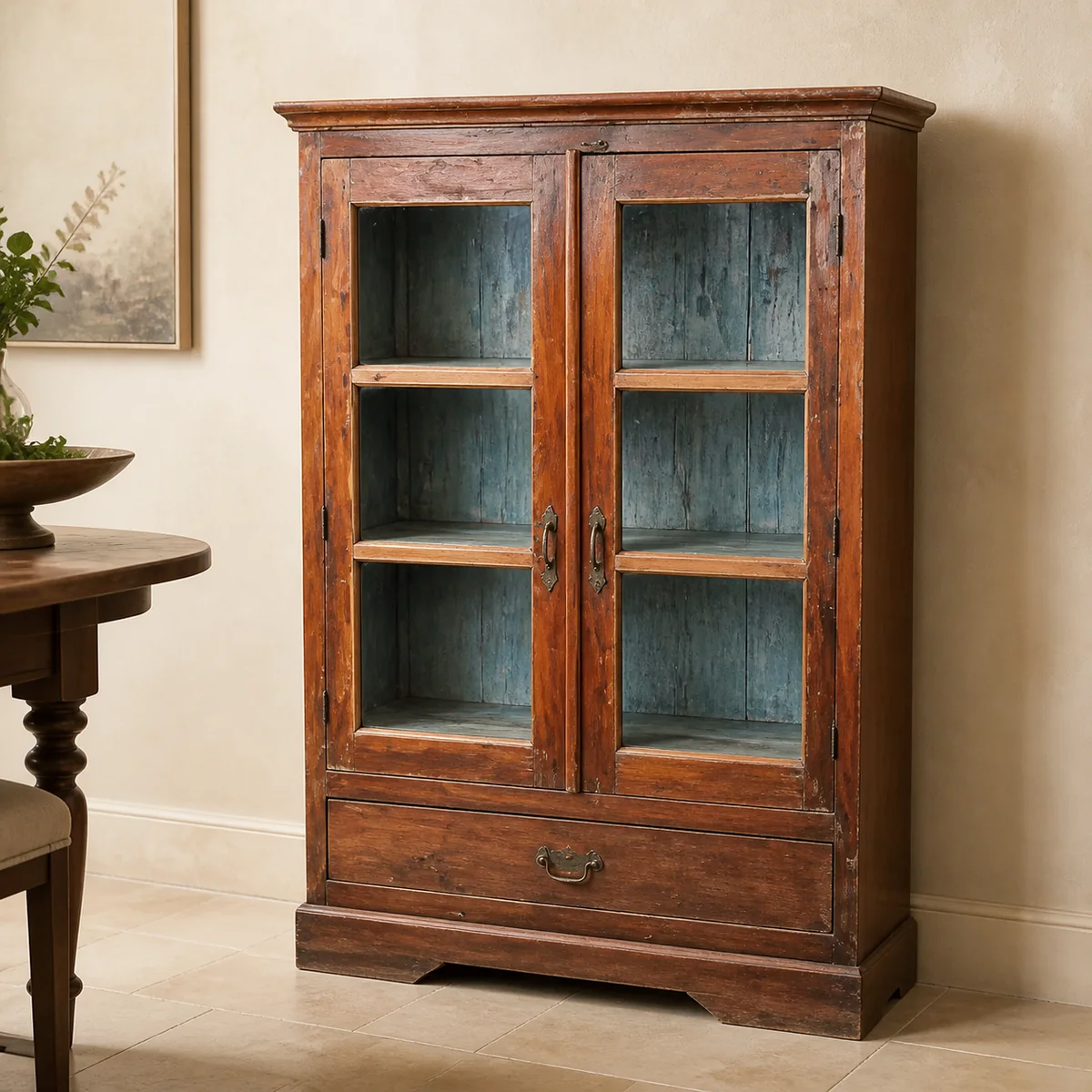Tsumeb Double Glass Cabinet staged in a curated room setting one.