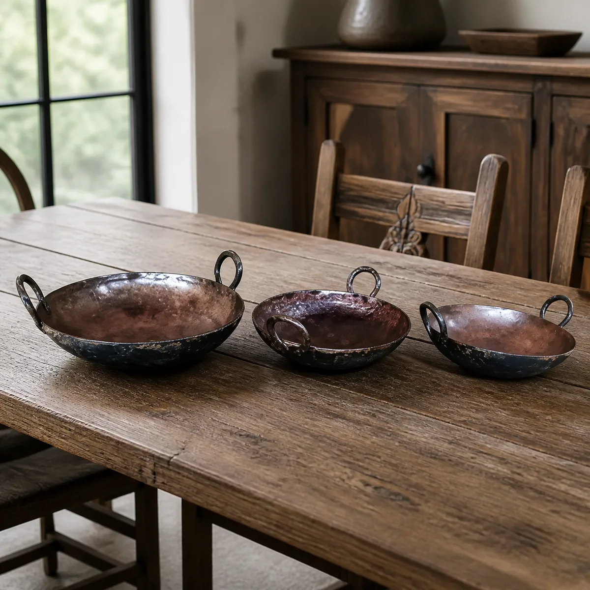 Karoo Handled Bowl Trio staged in a curated room setting one.