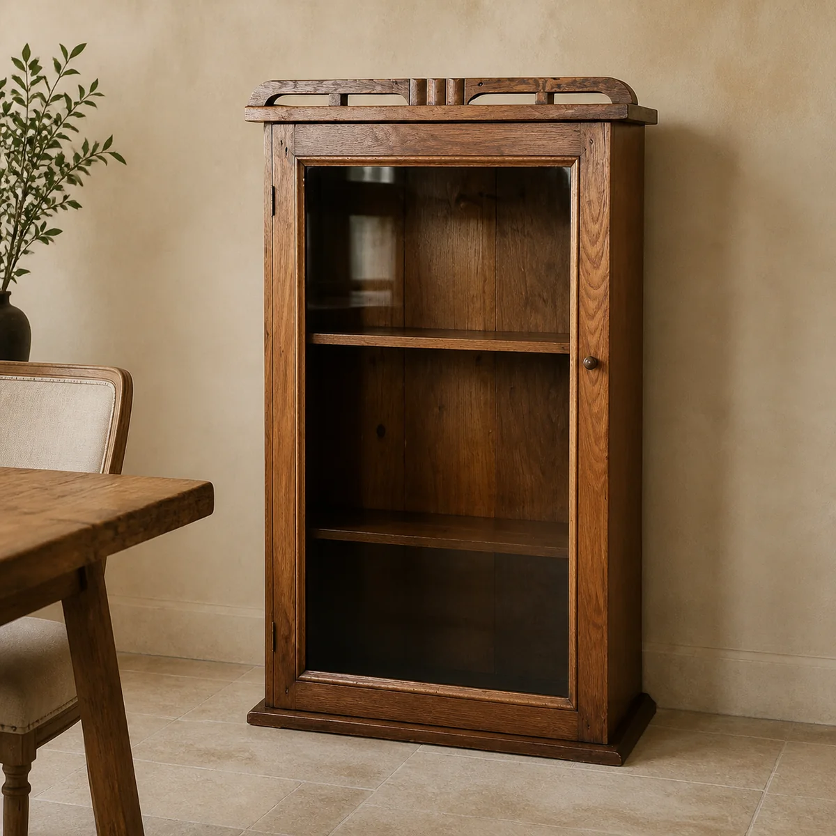 Grootfontein Single Glass Cabinet staged in a curated room setting one.