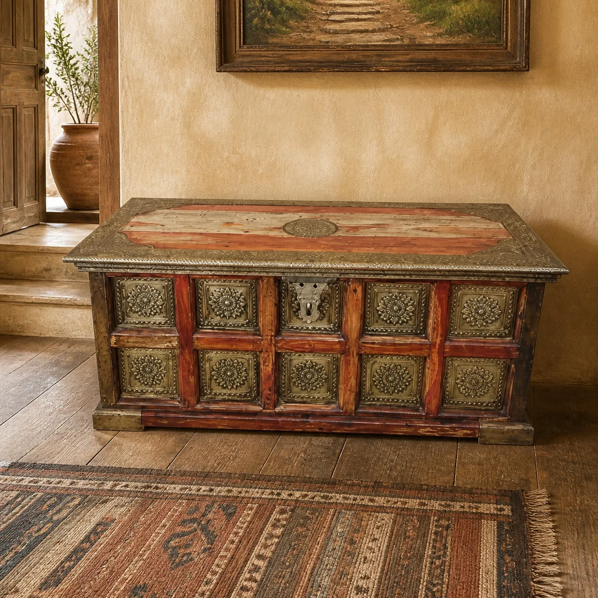 Damaraland Patchwork Chest staged in a curated room setting one.