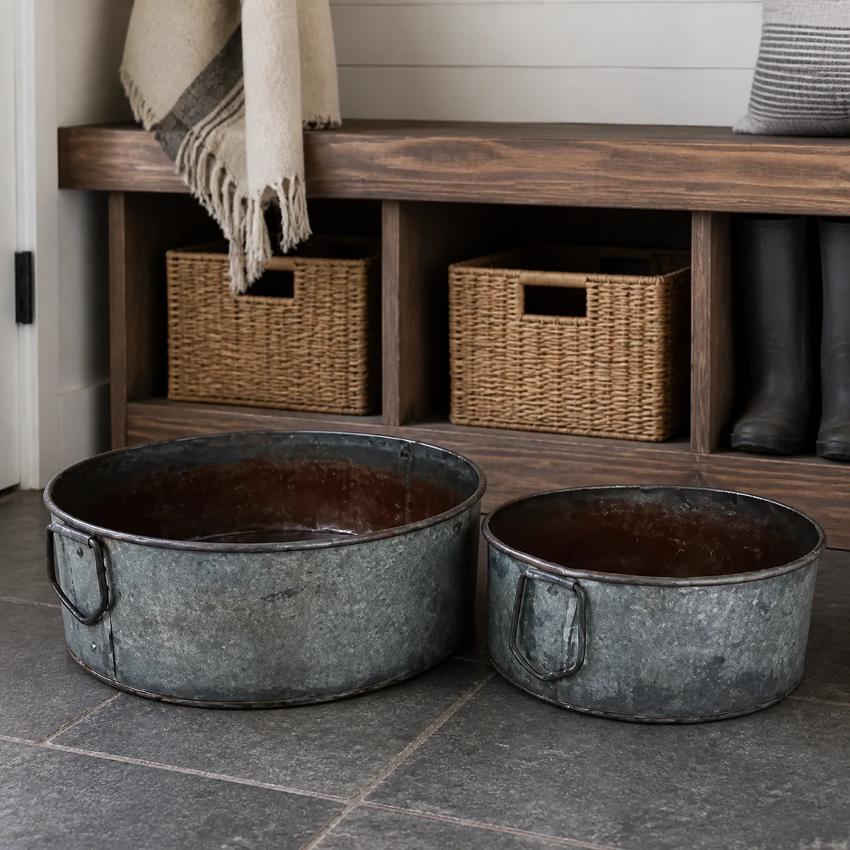 Farmhouse Nested Zinc Tub Pair staged in a curated room setting one.