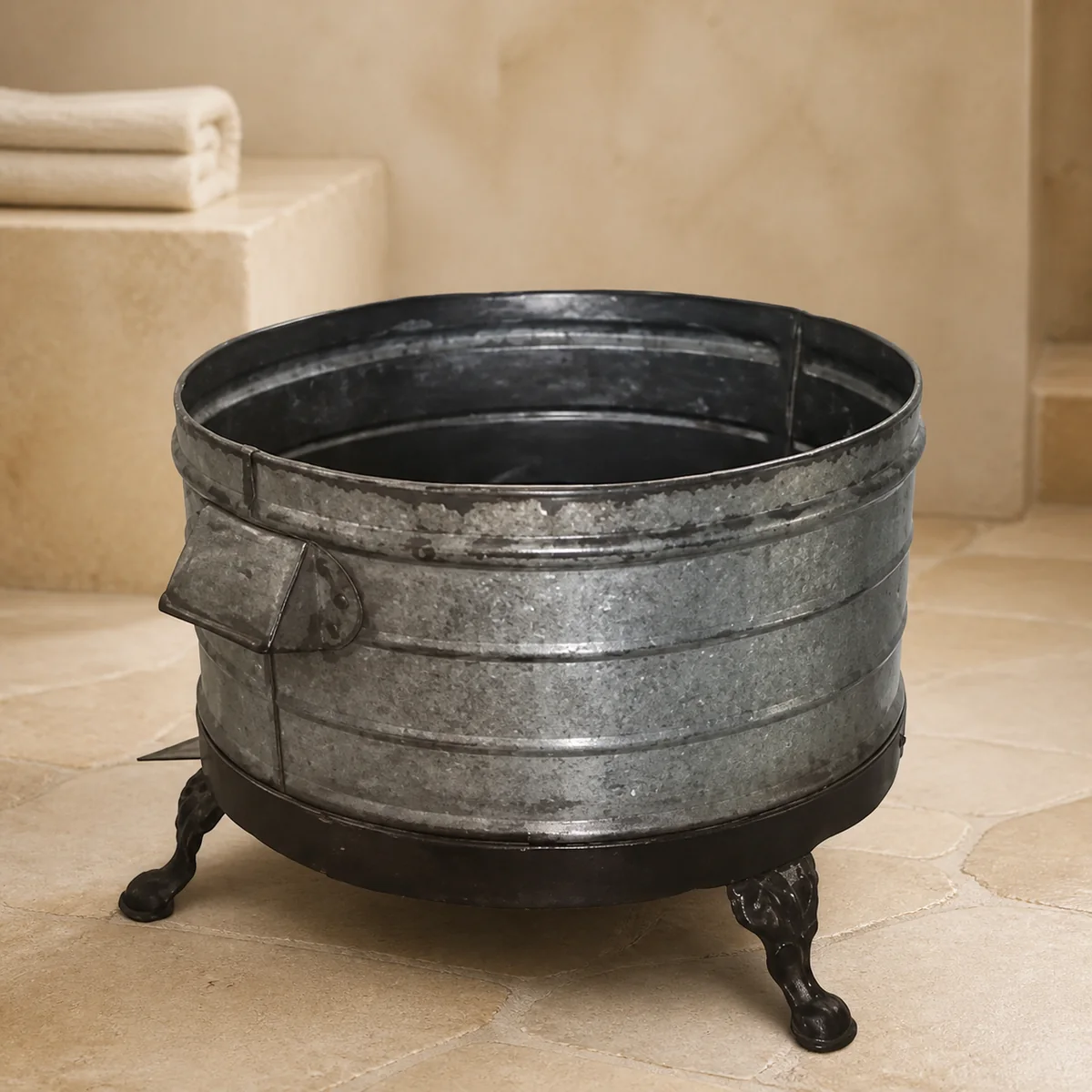 Vintage Footed Zinc Tub staged in a curated room setting one.